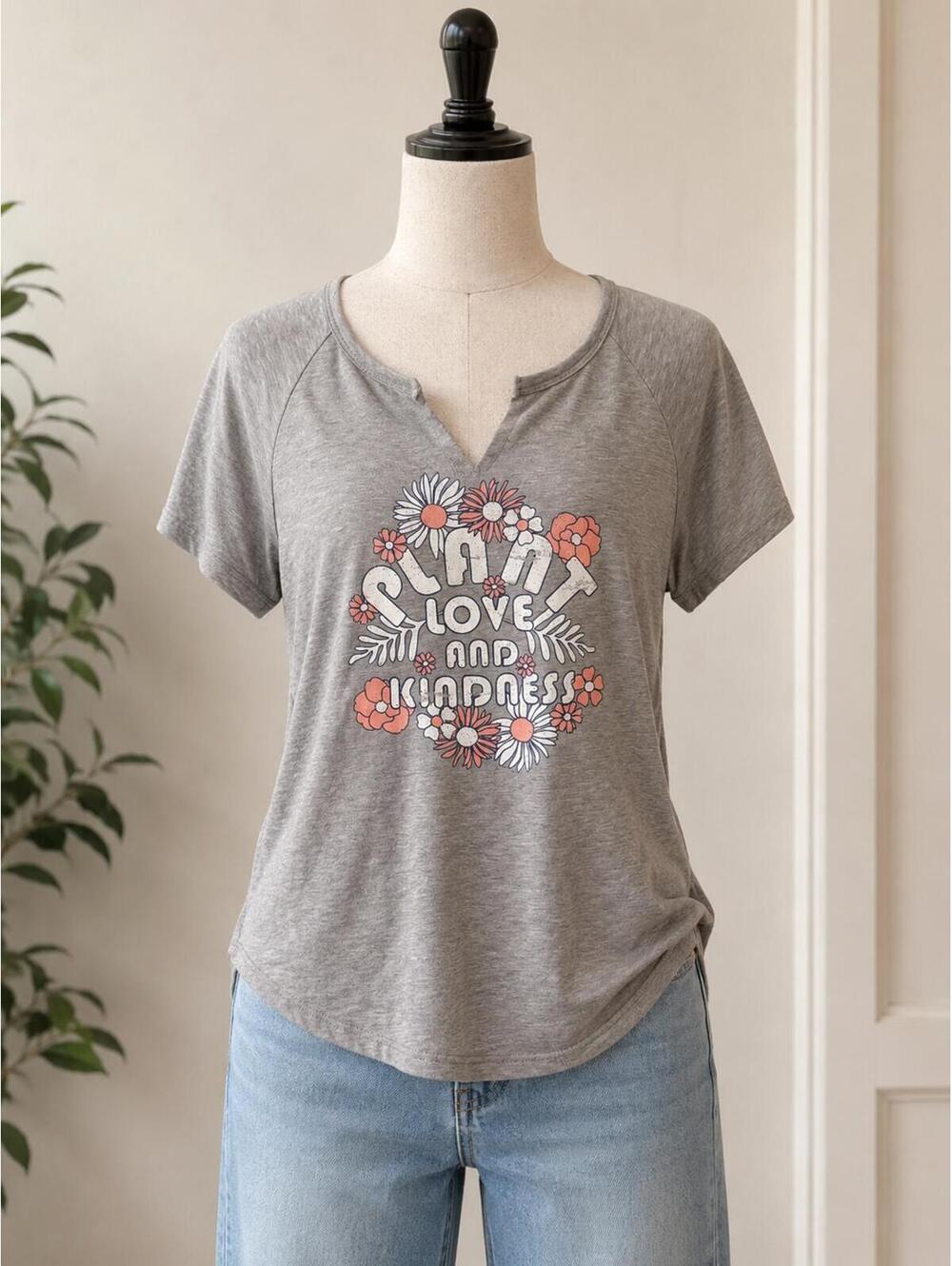 Hiatus Plant Love & Kindness Graphic Tee Gray Short Sleeve Women’s XL